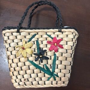 Woven Straw Basket with Floral Accents